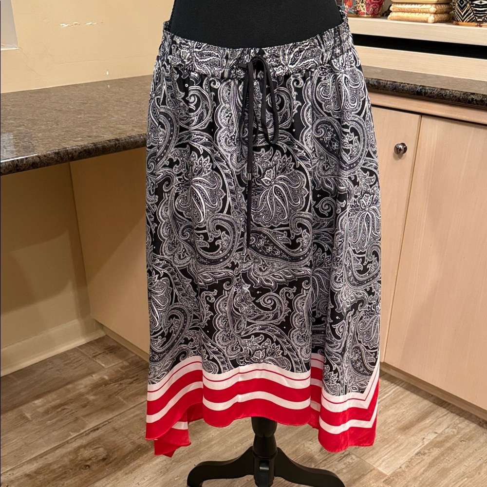 Lauren Ralph Lauren Black and White Paisley Skirt with Red Trim